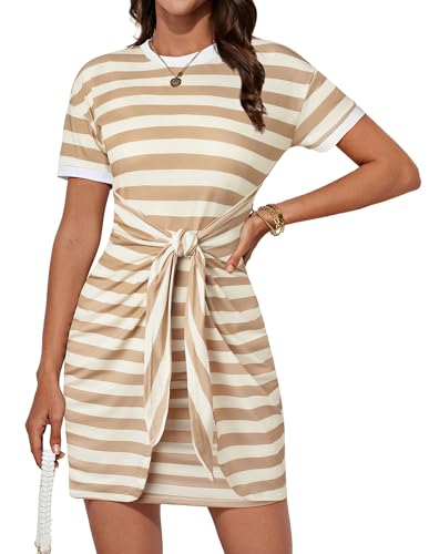 GRACE KARIN Women Rundhals Streifen Freizeitkleid Elegant Kurzarm Sommerkleid Casual Mini Strandkleid Beige-braune Streifen 2XL von GRACE KARIN