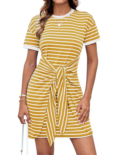 GRACE KARIN Women Rundhals Streifen Freizeitkleid Elegant Kurzarm Sommerkleid Casual Mini Strandkleid Gelb-weiße Streifen 2XL von GRACE KARIN