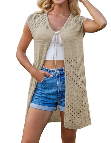GRACE KARIN Women Sommer Strickjacke Strand Cover Up Casual Leicht Dünne Cardigan mit Vorne Schnürung Dunkle Aprikose S von GRACE KARIN