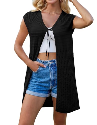 GRACE KARIN Women Sommer Strickjacke Strand Cover Up Casual Leicht Dünne Cardigan mit Vorne Schnürung Schwarz S GRACE KARIN Women Sommer Strickjacke Strand Cover Up Casual Leicht Dünne Cardigan mit Vorne Schnürung Schwarz S von GRACE KARIN
