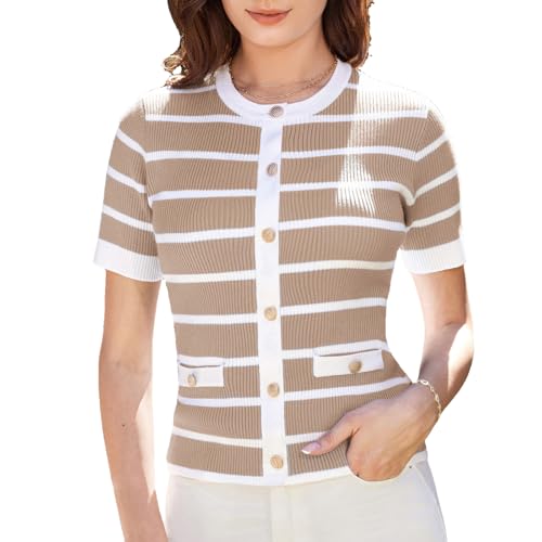GRACE KARIN Women Streifen Strickjacke Somemr Elegant Kurzarm Rundhals Oberteil Khaki-weiße Streifen XXL von GRACE KARIN