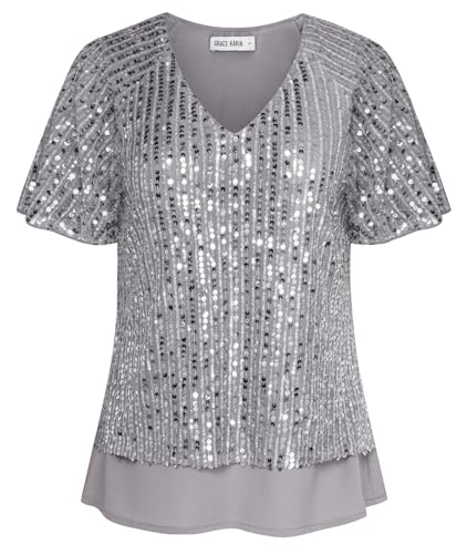 GRACE KARIN Women V-Ausschnitt Elegant Einfarbiges Sommer Kurzarm Tunika Funkelnde Glitzer-Pailletten Party Top Silbergrau XXL von GRACE KARIN