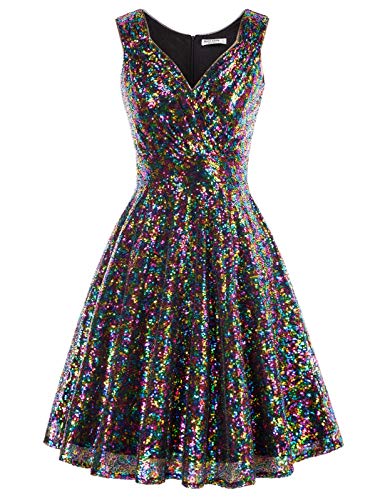 GRACE KARIN Retro Kleid Damen 50s Kleider Knielang v Ausschnitt Kleid perlen Petticoat Kleid CL1061-10 M von GRACE KARIN