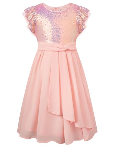 GRCE Karin Mädchen Paillettenkleid Sommer Kurzarm A-Linie Partykleid Rundhals Flügelärmel Kleid Hellrosa 8 Jahre von GRACE KARIN