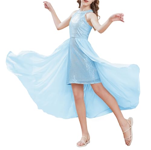 Girl Elegant A-Linien Prinzessinenkleid Vintage Casual Mädchen Ärmellos Einfarbiges Kleid mit Chiffon Hellblau 10-12 Jahre von GRACE KARIN