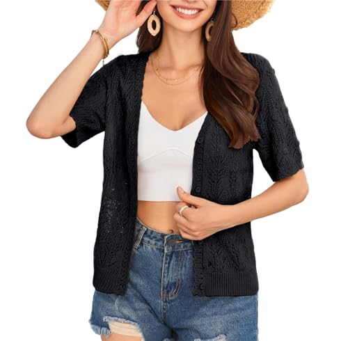 Girls V-Ausschnitt Basic Jacke für Alltag Kurzarm Schwarz Sommer Leichte Pullover Fashion Kurzarmshirt Schwarz XXL von GRACE KARIN