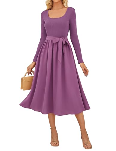 Herbst Kleider Damen Langarm Lila U-Ausschnitt Langarm Strickkleid Damen Winter mit Tasche Business Büro Lila S von GRACE KARIN