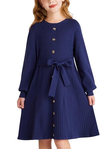Herbstliches Midikleid für Mädchen Lässiges Strickkleid A-Linie Ausgestelltes Kleid Navy Blau 8-10 Jahre von GRACE KARIN