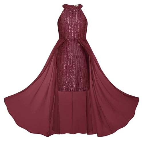 Kinder Sweet Elegant Knielang A-Linien Kleider für Frühling Herbst Winter Casual Kurzarm Solid Farbe Kleid mit Netz Weinrot 10-12 Jahre von GRACE KARIN