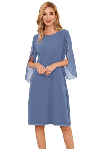 Kleid Damen Chiffon Kleid 3/4 Ärmel Casual Sommer Kleid Festlich Hochzeitkleid Loose Fit Elegant Cocktailkleid S Grau Blau CLK041A23-06 von GRACE KARIN