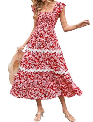 Kleid Damen Elegant A-Line Blumen Maxikleid Sommer Ärmellos Hochzeitskleid Gast Elegant Festliche Rot-weiß Blume XL von GRACE KARIN