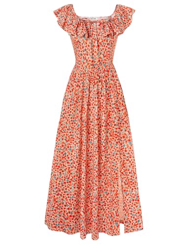 Kleid Damen Elegant A-Linie Lang Rüschen Schulterfrei Boho Blumenkleid für Hochzeitsgäste Sommer CL0213-08/Orange geblümt XXL von GRACE KARIN