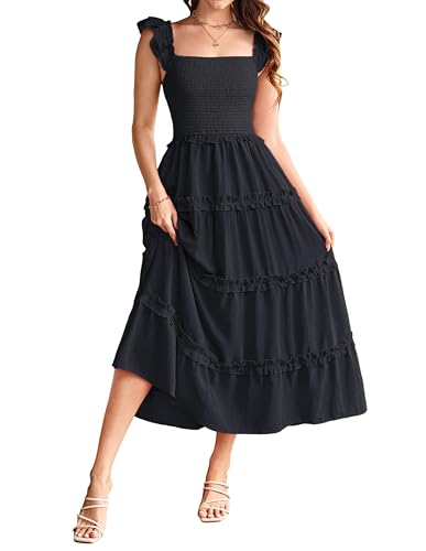 Kleid Damen Elegant Gesmokte Träger Lang A Linie Rockabilly Boho Kleid für Strand Urlaub CLK028-1/Schwarz XXL von GRACE KARIN