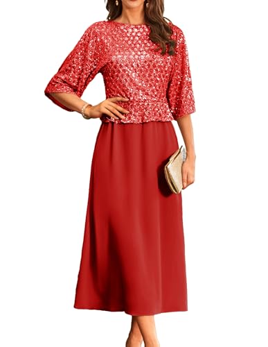 Kleid Damen Lang A-Linie Pailletten Kleid Damen Festlich Hochzeit Cocktailkleid Elegant XL Rot -6 von GRACE KARIN