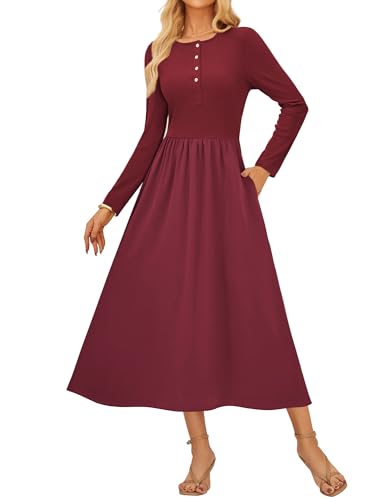 Kleid Damen Langarm Herbst A-Linien Rundhals Strickkleid Damen Lang mit Tasche Business Büro Festliche Kleider WeinRot S von GRACE KARIN