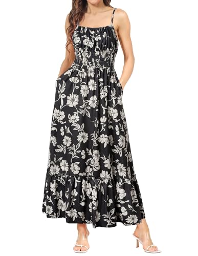 Kleid Damen Sommer Maxikleid Cami-Kleid Boho Kleid Ärmellos Blumenkleid Spaghettiträger Rüschen Freizeitkleid Strandkleid Schwarz Weiße Blumen M von GRACE KARIN