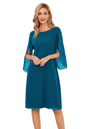 Kleid Hochzeitsgast Damen Chiffon Kleid 3/4 Ärmel Sommerkleid Loose Fit Freizeitkleid Elegant Midi Kleid L Cerulean CLK041A23-04 von GRACE KARIN