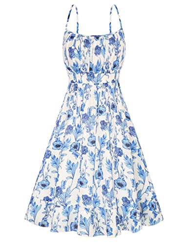 Kleid Hochzeitsgast Damen Spaghetti Straps Freizeitkleid A-Linie ärmellos rückenfrei Kleid Blumenmuster M Blau-Weiß Blume CL1582S22-07 von GRACE KARIN