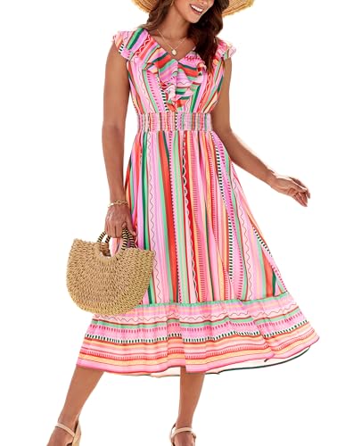 Kleid für Frauen A-Linie Rüschenkleid mit V-Ausschnitt Blumenmuster ärmellos Strand Sommer elegant Rosa und grüne Farbstreifen S von GRACE KARIN