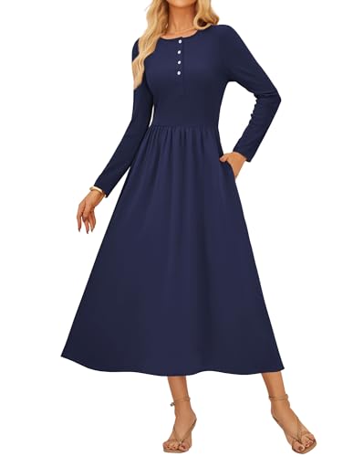 Kleider Damen Festlich A-Linie Rundhals Knöpfe Strickkleid Damen Herbst Lang Oversize Dunkelblau XXL von GRACE KARIN