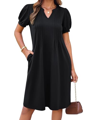 Kleider Damen Sommer A-Line Midi Mit Taschen V-Ausschnitt Freizeitkleider Elegant Strandkleid Schwarz L von GRACE KARIN
