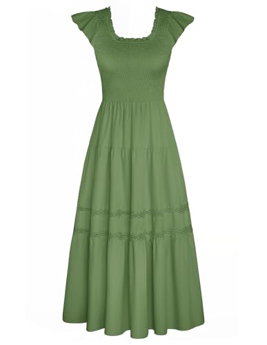 Kleider Damen Sommer Elegant A-Linie Lange Kleider mit Kurzärmelig Quadratischer Ausschnitt Elastisch Brust Kleid Grün L von GRACE KARIN