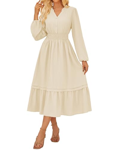 Kleider Damen Sommer Wickelkleid Freizeitkleid Elegante Lang Boho Maxikleid A-Linien Langarm Rüschen Saum Partykleid Apricot XXL von GRACE KARIN