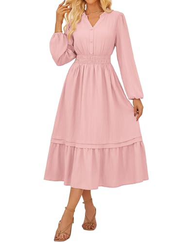 Kleider Damen Sommer Wickelkleid Freizeitkleid Elegante Lang Boho Maxikleid A-Linien Langarm Rüschen Saum Partykleid Hellrosa XXL von GRACE KARIN