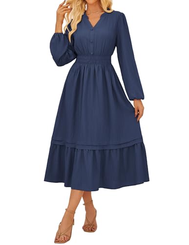 Kleider Damen Sommer Wickelkleid Freizeitkleid Elegante Lang Boho Maxikleid A-Linien Langarm Rüschen Saum Partykleid Tiefblau XXL von GRACE KARIN