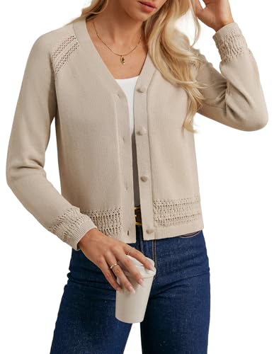 Kurz Strickjacke Damen Blau V-Ausschnitt Jacke Kurz Casual Cardigan Solid Top S Aprikose -2 von GRACE KARIN