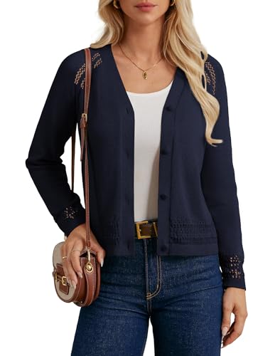 Kurz Strickjacke Damen Blau V-Ausschnitt Jacke Kurz Casual Cardigan Solid Top S Dunkelblau -4 von GRACE KARIN