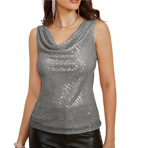Ladies Fashion Funkelnde Glitzer-Pailletten Blouse Ärmelloses Lockere Passform Sparkle Party Weste Silbergrau XXL von GRACE KARIN