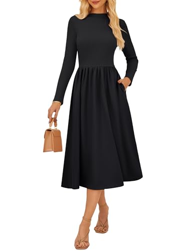 Langarm Strickkleid für Damen Elegantes A-Linien Kleid Mockneck Kleid mit Taschen Beerdigung Kirche Schwarz L von GRACE KARIN