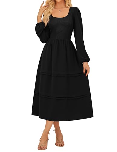 Langarm Strickkleid für Damen Elegantes A-Linien Kleid Rundhalskleid mit Taschen Schwarz M von GRACE KARIN