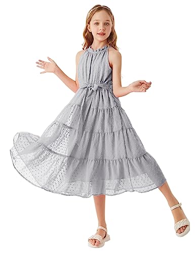 Mädchen A-Linie Maxikleid Casual Party Festlich Hochzeit Kinderkleidung Süß Kleid Prinzessin Kleid 8 Jahre Hellgrau CL1897S23-16 von GRACE KARIN