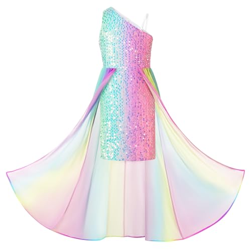 Mädchen A-Linie Prinzessinnenkleid Asymmetrisches ärmelloses One-Shoulder-Paillettenkleid 12 Jahre Regenbogen von GRACE KARIN