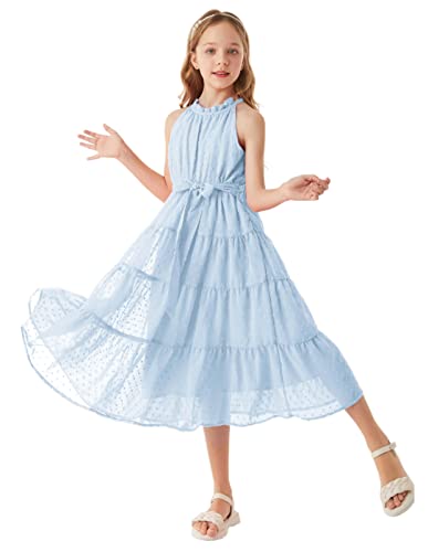 Mädchen Ärmellos Swiss Dot Maxikleid Casual A-Linie Party Festlich Hochzeit Süß Prinzessin Kleid 7 Jahre Hellblau CL1897S23-05 von GRACE KARIN