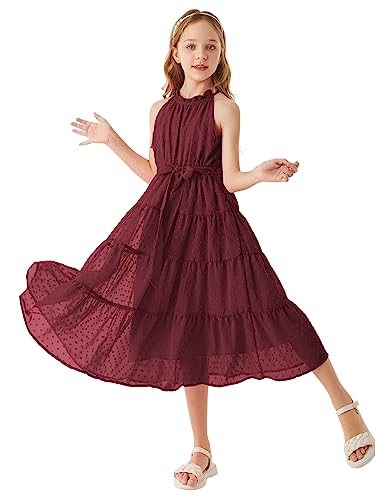 Mädchen Ärmellos Swiss Dot Kleid Casual A-Linie Maxikleid Party Festlich Hochzeit Süß Kleid Prinzessin Kleid 7 Jahre Weinrot CL1897S23-17 von GRACE KARIN