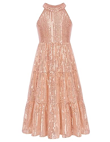 GRACE KARIN Mädchen Ärmellose Neckholder Kleid Hochzeit Partykleid Pailletten Kleid in A-Linie Roségold 6 Jahre von GRACE KARIN
