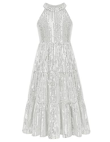 GRACE KARIN Mädchen Ärmellose Neckholder Kleid Hochzeit Partykleid Pailletten Kleid in A-Linie Silber 6 Jahre von GRACE KARIN