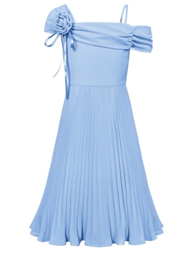 Mädchen Ärmelloses A Linien Kleider One Shoulder Plissierter Partykleid Festlich Kleid Hellblau 8 Jahre von GRACE KARIN