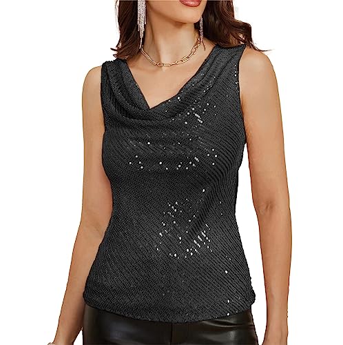 Mädchen Cocktail Weihnachten Solide Farbe Pailletten Bluse Ärmelloser Neckholder Vintage Tank Top Schwarz S von GRACE KARIN