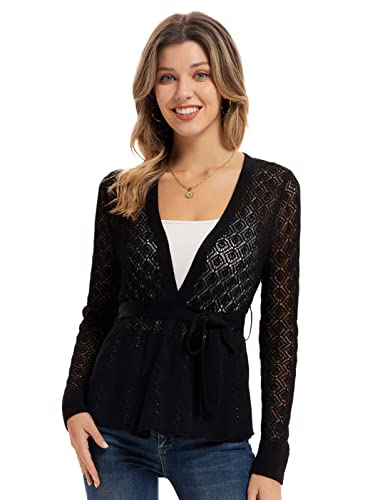 Mädchen Elegant V-Neck Lange Strickpullover Ausgehen Business Geschäft Boleros Fashion Damen Strickweste Schwarz L von GRACE KARIN