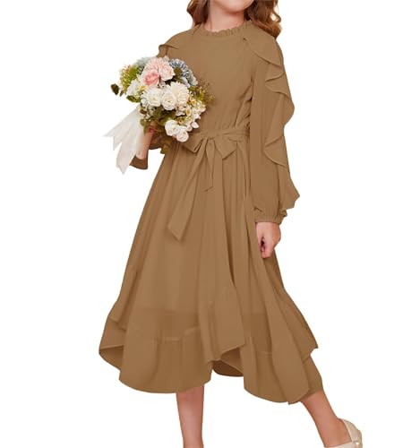 Mädchen Herbst Frühling Langarm Kleider A Linien Freizeitkleid Elastische Taille Unregelmäßiger Rüschensaum Midikleid Kinderkleidung Kamel 6 Jahre von GRACE KARIN