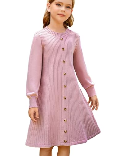 Mädchen Kinder Strickkleid für Herbst Winter Pullover Kleid Süßes Elegantes Kleid Rosa 8-10 Jahre von GRACE KARIN