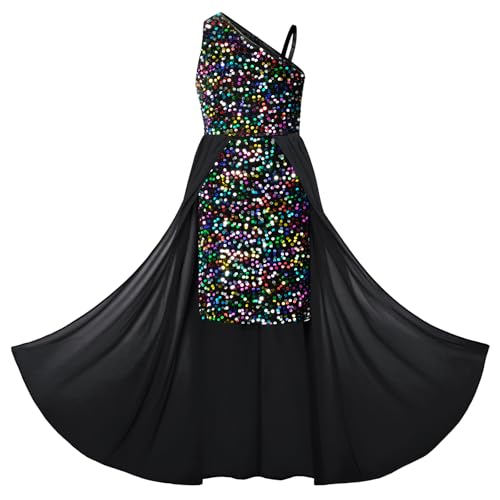 Mädchen Prinzessin Schulterträger Pailletten Kleid A-Linie Maxikleid Casual Party Festlich Hochzeit Kinderkleidung 12 Jahre Bunte Pailletten auf Schwarz von GRACE KARIN