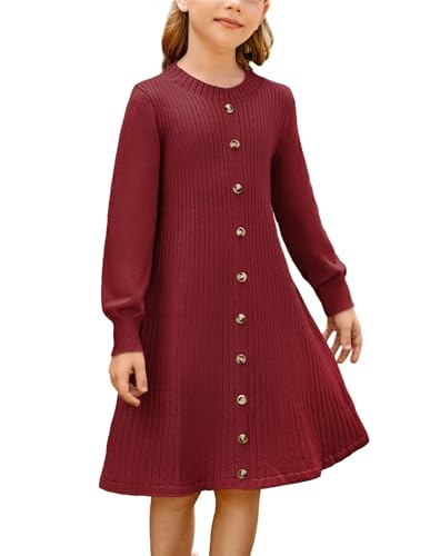 Mädchen Pulloverkleid Rundhals Langarm Kinder Rippstrick A-Linie Kleid mit Gürtel Pullover Freizeitkleid Rotwein 8-10 Jahre von GRACE KARIN