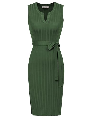 Mädchen Solid Farbe Retro Freizeitkleid Hohe Elastizität Übergröße Figurbetontes Midikleid Rippenstrick Cocktailkleid XXL Grün von GRACE KARIN