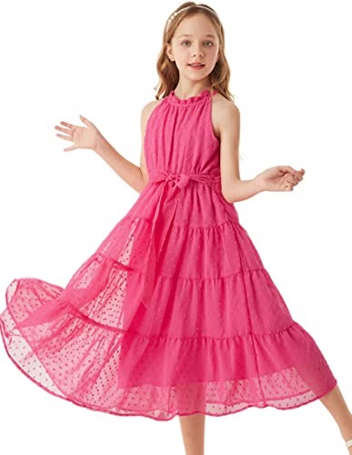 Mädchen Süß Kleid Prinzessin Kleid Neckholder Kleider Swiss Dot Kleid A-Linie Maxikleid Casual Party Festlich Hochzeit Kinderkleidung 12 Jahre Rosa Rot CL1897S23-01 von GRACE KARIN