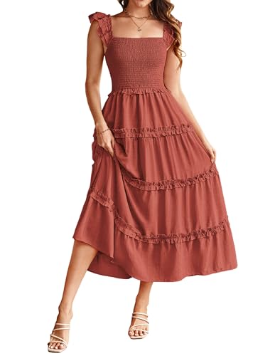 Maxikleider Damen Sommer Elegante Festliche Träger Hochzeitsgast Rockabilly Boho Kleid mit Taschen CLK028-10/Ziegelrot XXL von GRACE KARIN
